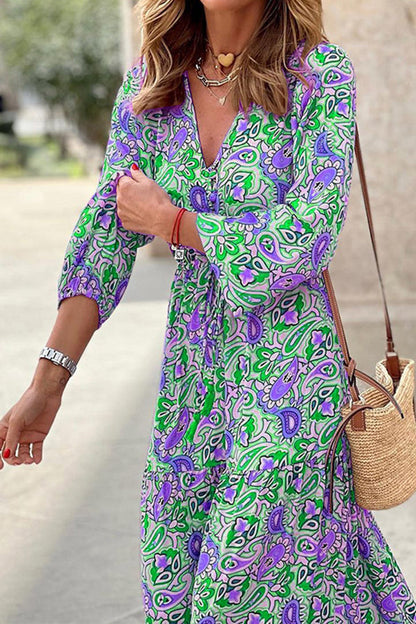 LB | Boho Paisley V-Neck Sukienka Maxi z długim rękawem
