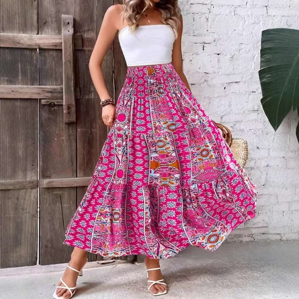 LB | Damska sukienka maxi - bandeau bez ramiączek - zwiewny krój - bawełniany nadruk w stylu boho