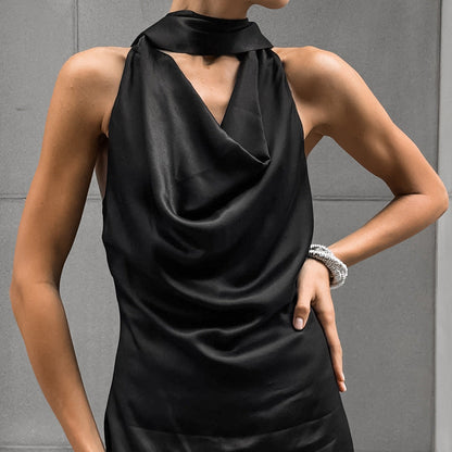 LB | Damska sukienka midi z dekoltem do połowy szyi - Satyna - Slim fit - Drapowany dekolt - Strój formalny