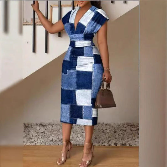 LB | Damska sukienka midi - Bodycon Slim Fit - Patchwork Denim Look z dekoltem w serek - Rękaw typu cap