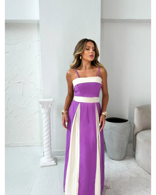 LB | Damska sukienka maxi - Satynowa - Paski - Wysoka talia - Elegancki formalny krój