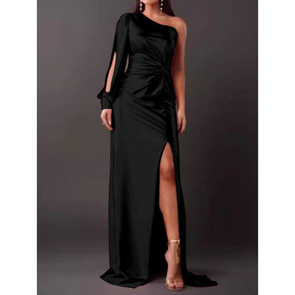 LB | Sukienka maxi - Slim fit - Na jedno ramię - Luksusowy materiał - Wysokie rozcięcie