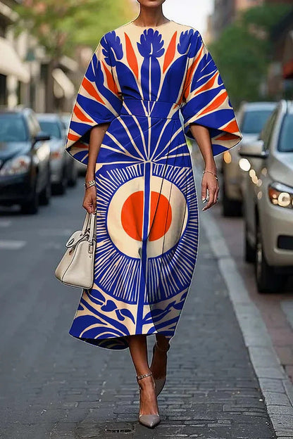 LB | Damska sukienka midi - linia A - rękawy kimono - kwiatowy nadruk