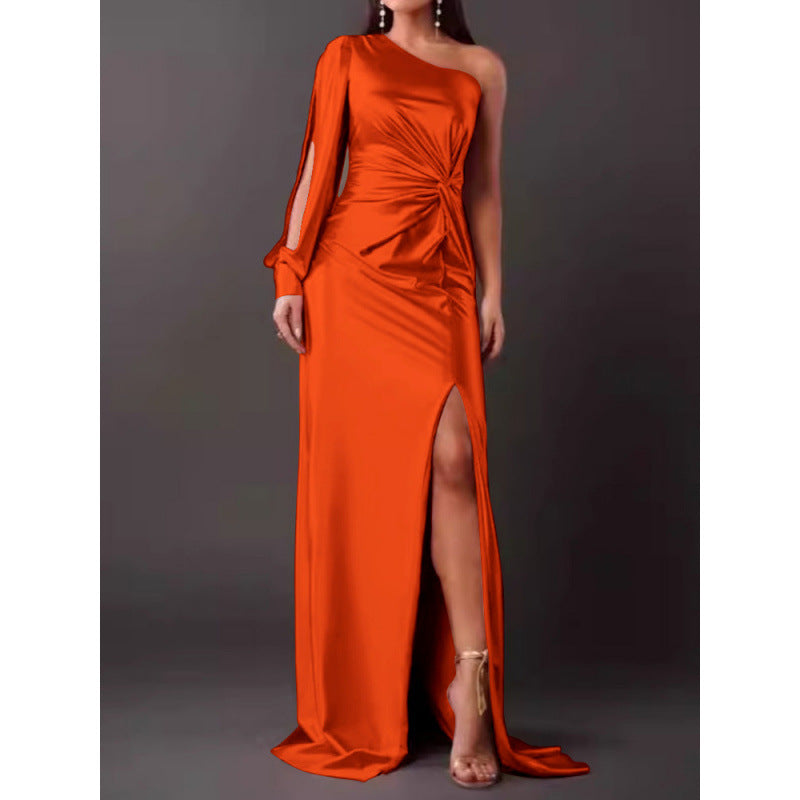 LB | Sukienka maxi - Slim fit - Na jedno ramię - Luksusowy materiał - Wysokie rozcięcie