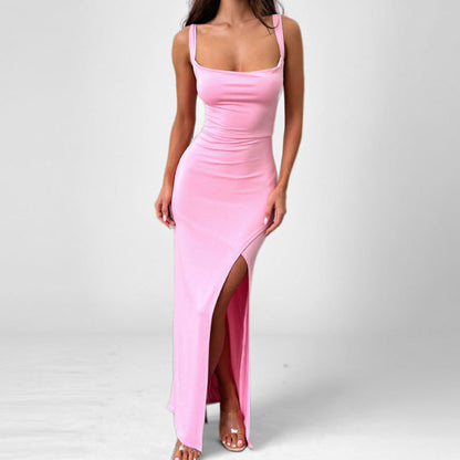 LB | Damska sukienka maxi - satyna slim fit - ramiączka spaghetti - wysokie rozcięcie - odkryte plecy