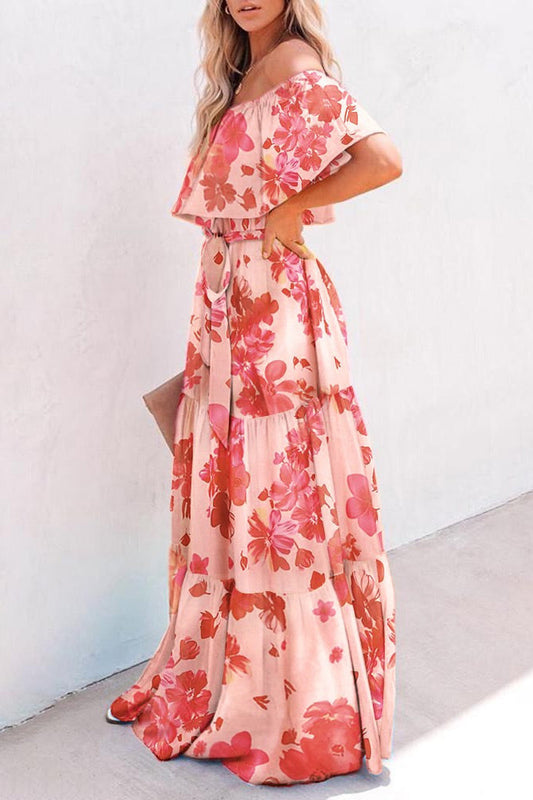 LB | Plus Size Różowa sukienka maxi z nadrukiem na ramiączkach