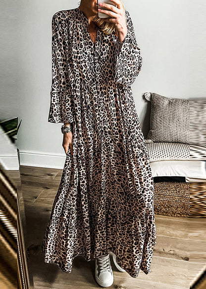 LB | Plus Size Leopard V-Neck Patchwork Maxi Dress Jesień