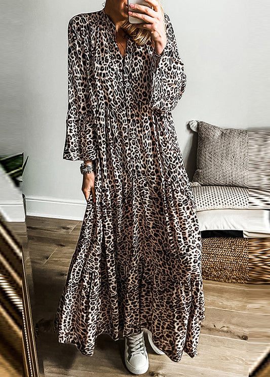 LB | Plus Size Leopard V-Neck Patchwork Maxi Dress Jesień
