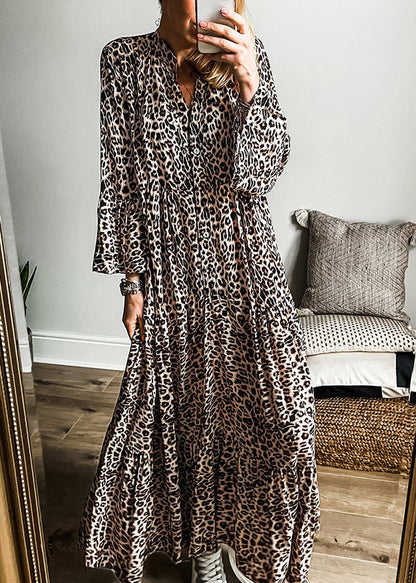 LB | Plus Size Leopard V-Neck Patchwork Maxi Dress Jesień