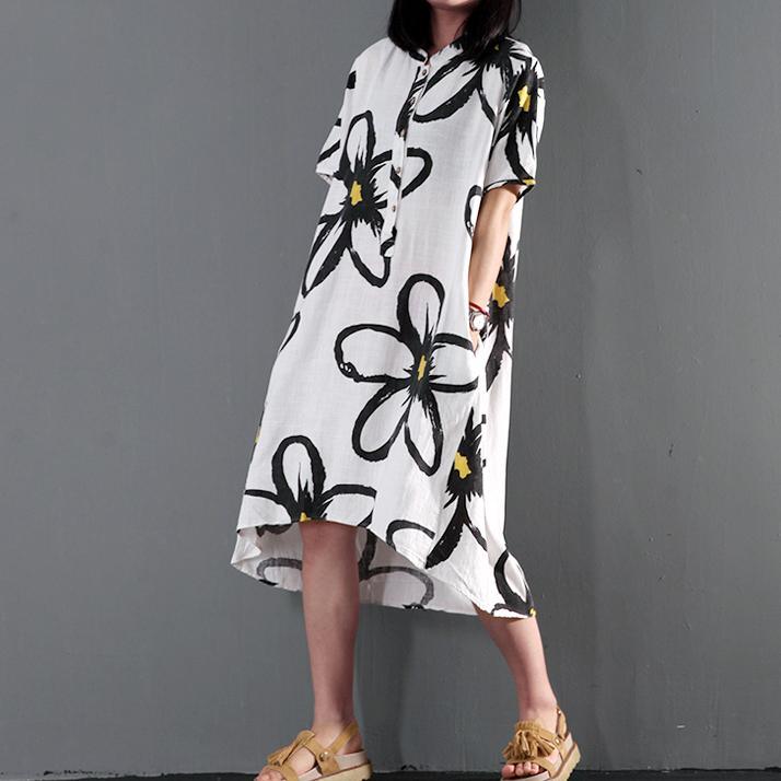 LB | Plus Size Sundress White Linen Summer Maxi Dress Kwiatowe sukienki na zmianę