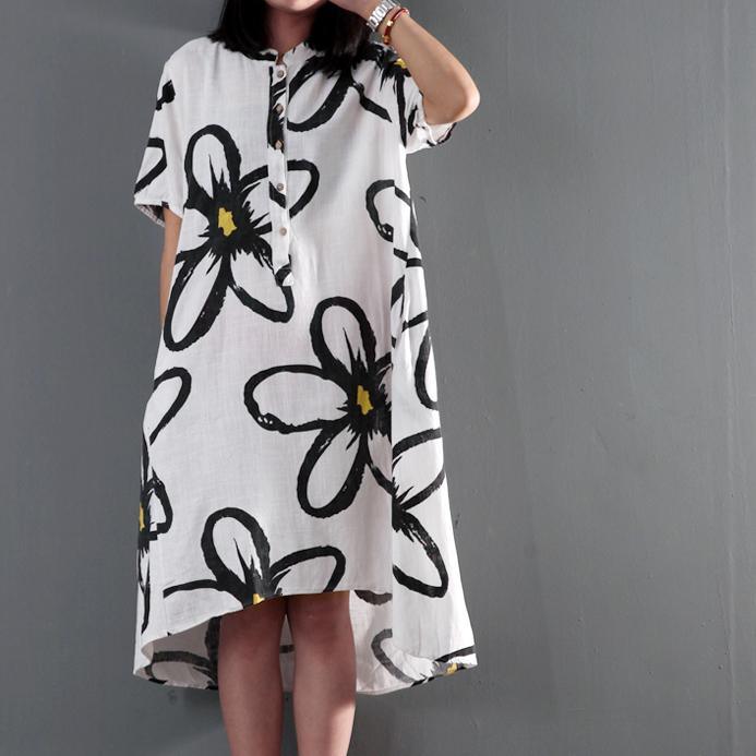 LB | Plus Size Sundress White Linen Summer Maxi Dress Kwiatowe sukienki na zmianę