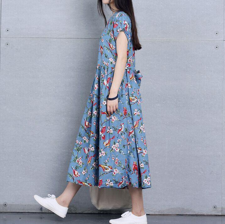 LB | Sukienka letnia w stylu retro z kwiatowym nadrukiem Lniana sukienka letnia Oversize Sukienka Maxi Letnia sukienka podróżna