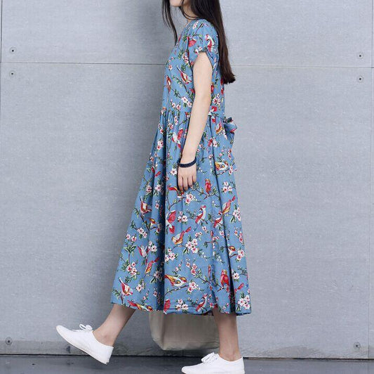 LB | Sukienka letnia w stylu retro z kwiatowym nadrukiem Lniana sukienka letnia Oversize Sukienka Maxi Letnia sukienka podróżna