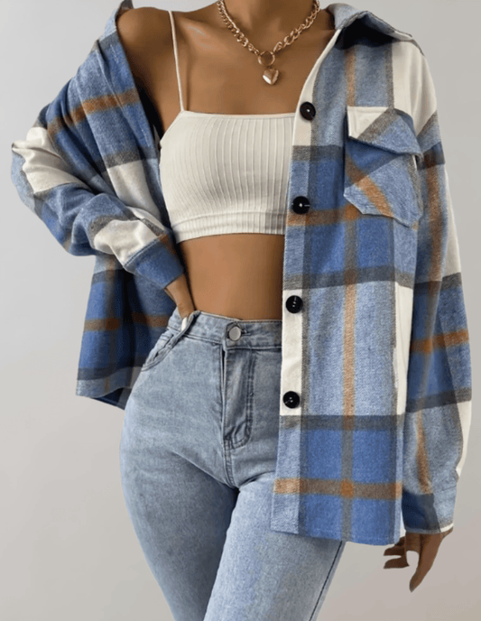LB | Stylowy płaszcz damski oversize w niebieską kratę