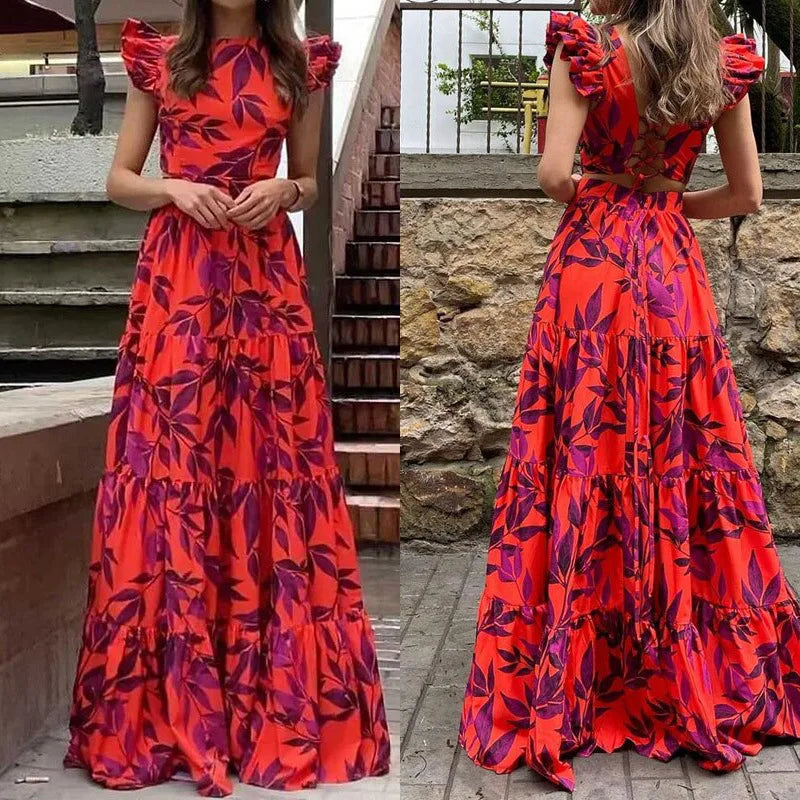 LB | Elegancka sukienka maxi z tropikalnym nadrukiem na lato