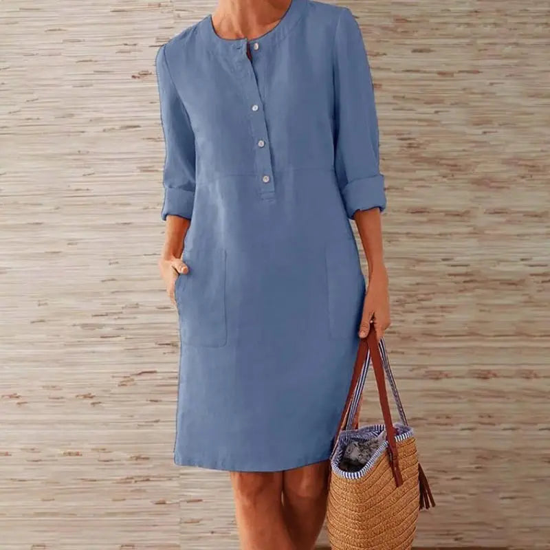 LB | Ladies Casual Button-Up Midi Dress - luźna tunika z rękawem 3/4 i kieszeniami