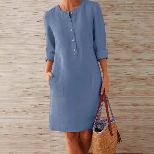 LB | Ladies Casual Button-Up Midi Dress - luźna tunika z rękawem 3/4 i kieszeniami