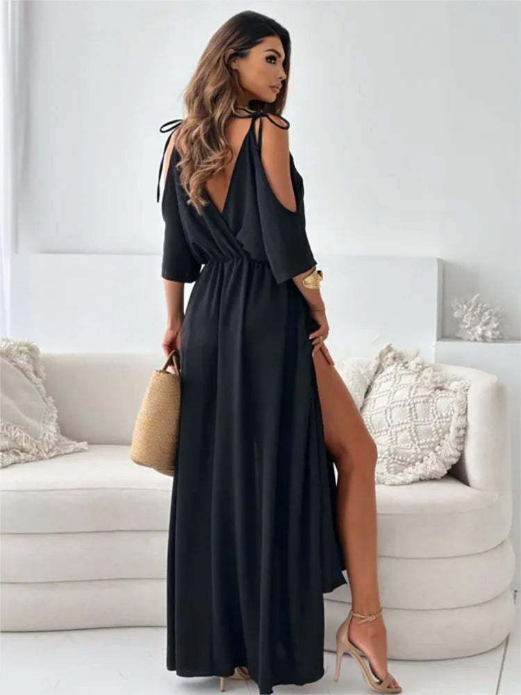 LB | Elegancka sukienka maxi z zimnymi ramionami