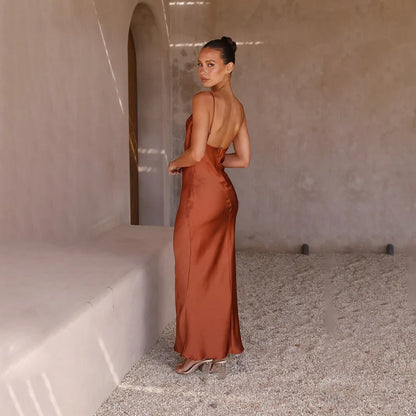 LB | Damska sukienka maxi - Satyna Slim Fit - Okrągły dekolt - Formalna sukienka wieczorowa bez rękawów