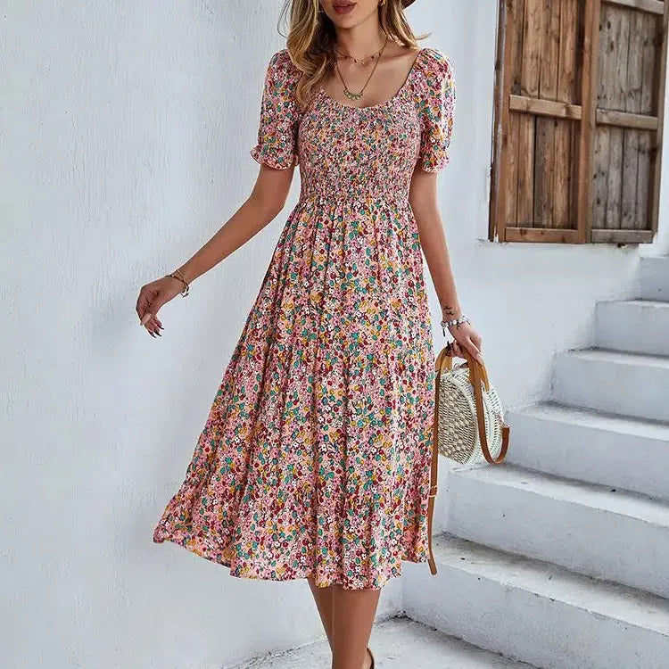 LB | Bohemia Print Dress Women New Summer Midi Dress Puff Sleeves