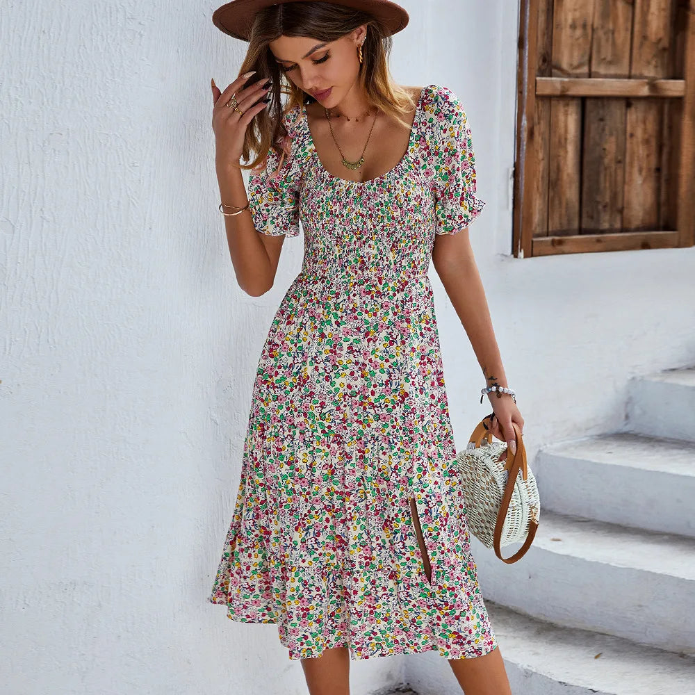 LB | Bohemia Print Dress Women New Summer Midi Dress Puff Sleeves