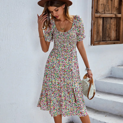 LB | Bohemia Print Dress Women New Summer Midi Dress Puff Sleeves