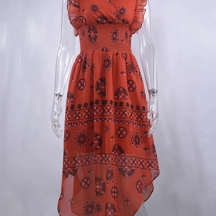 LB | Summer Women Vintage Pattern Smocked Ruffle Midi Dress