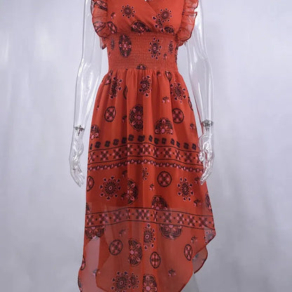 LB | Summer Women Vintage Pattern Smocked Ruffle Midi Dress