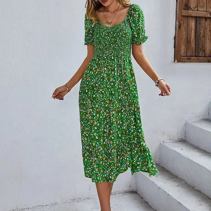 LB | Bohemia Print Dress Women New Summer Midi Dress Puff Sleeves