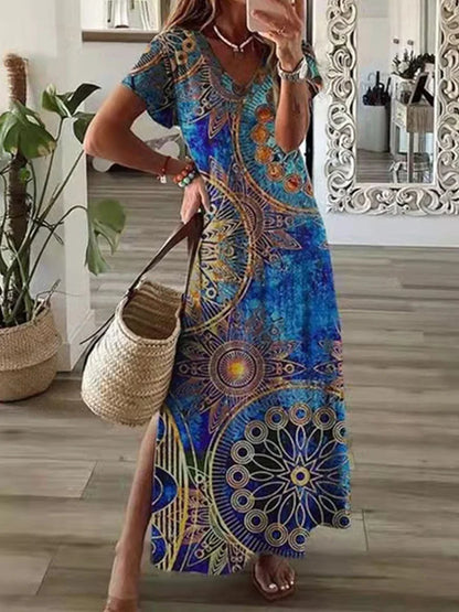 LB | Geometryczna koszulka z nieregularnym nadrukiem Długa sukienka damska Letnia sukienka z okrągłym dekoltem i krótkim rękawem w kształcie litery A Casual Holiday Robe