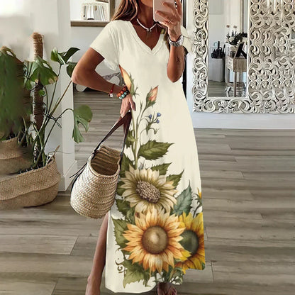 LB | Kwiatowe sukienki z nadrukiem słonecznika dla kobiet Plus Size Elegancka sukienka midi