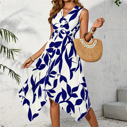 LB | Beach Women Midi Dress Summer Asymmetrical Maxi Long One Piece Elegant Leaf Print Casual Hem Vestidos Female