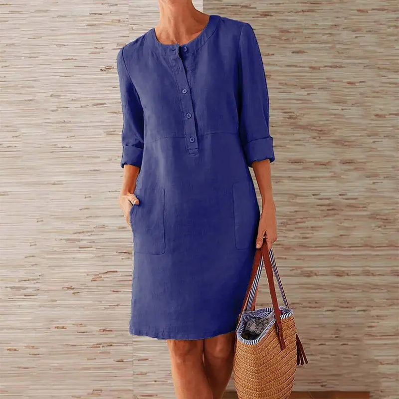 LB | Ladies Casual Button-Up Midi Dress - luźna tunika z rękawem 3/4 i kieszeniami