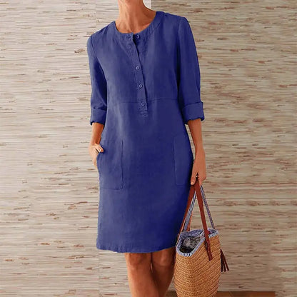 LB | Ladies Casual Button-Up Midi Dress - luźna tunika z rękawem 3/4 i kieszeniami