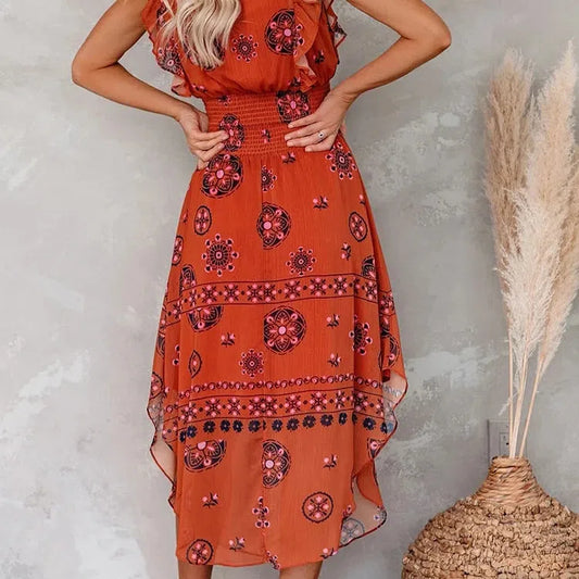 LB | Summer Women Vintage Pattern Smocked Ruffle Midi Dress