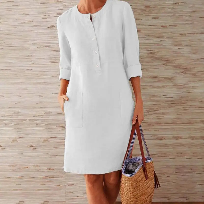 LB | Ladies Casual Button-Up Midi Dress - luźna tunika z rękawem 3/4 i kieszeniami