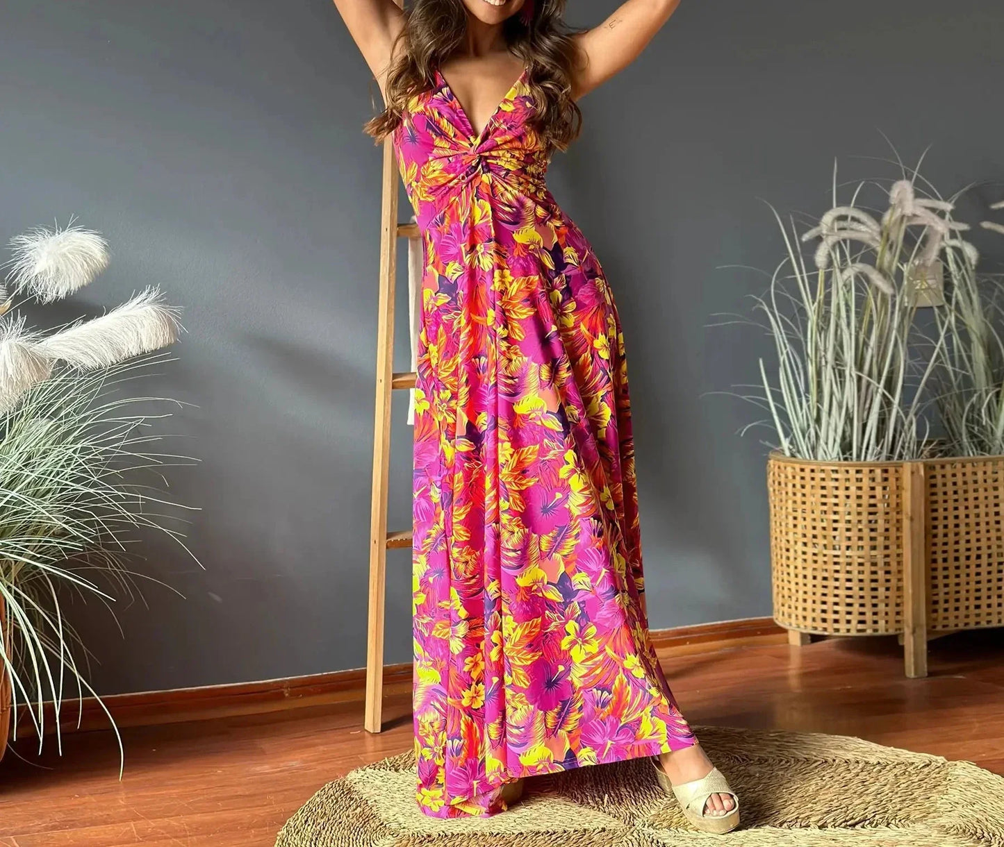 LB - Boho chic sukienka maxi z odkrytymi ramionami