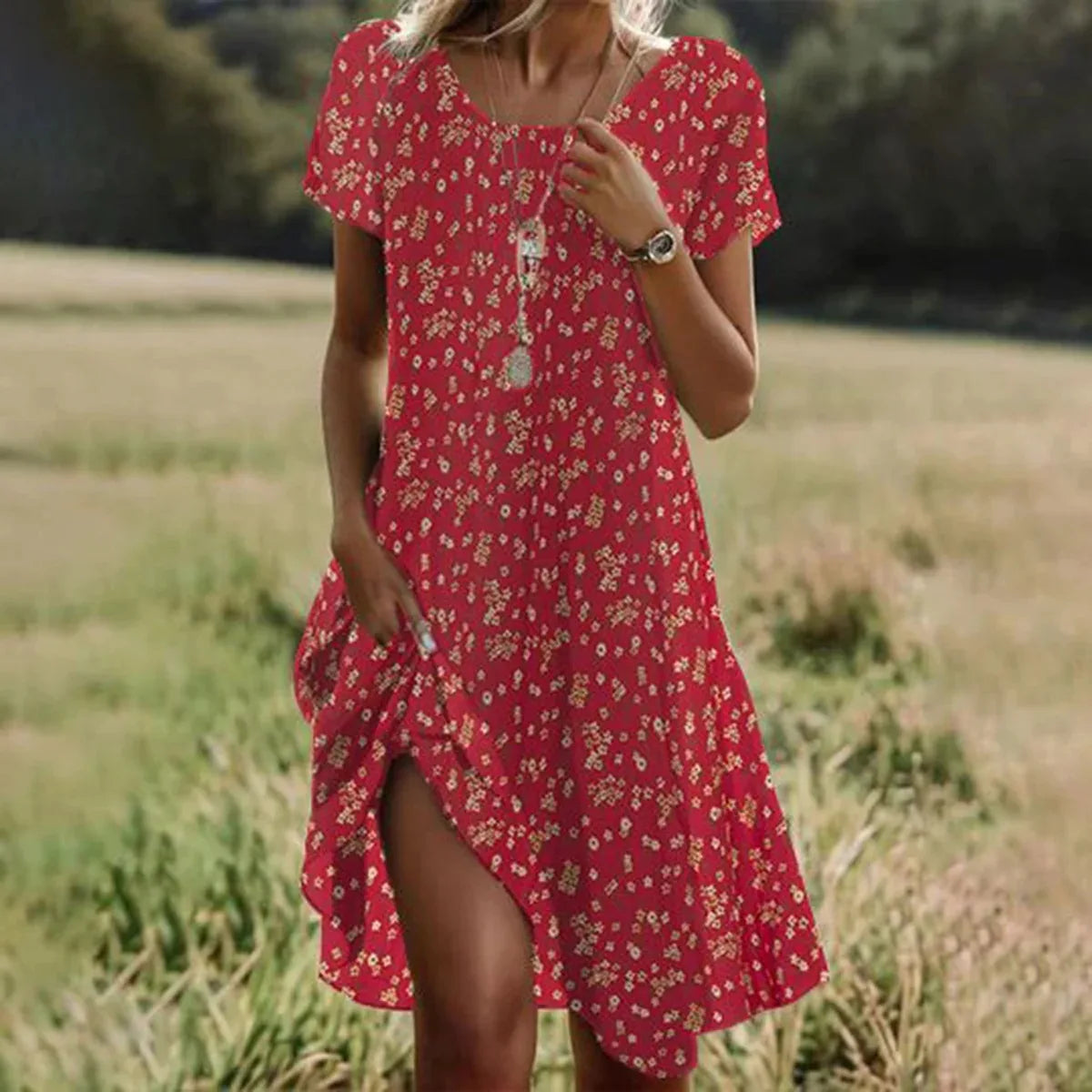 LB | Letnie sukienki w stylu boho dla kobiet z krótkim rękawem i kwiatowym nadrukiem na szyi Sukienka plażowa dla kobiet Maxi Sukienki Boho