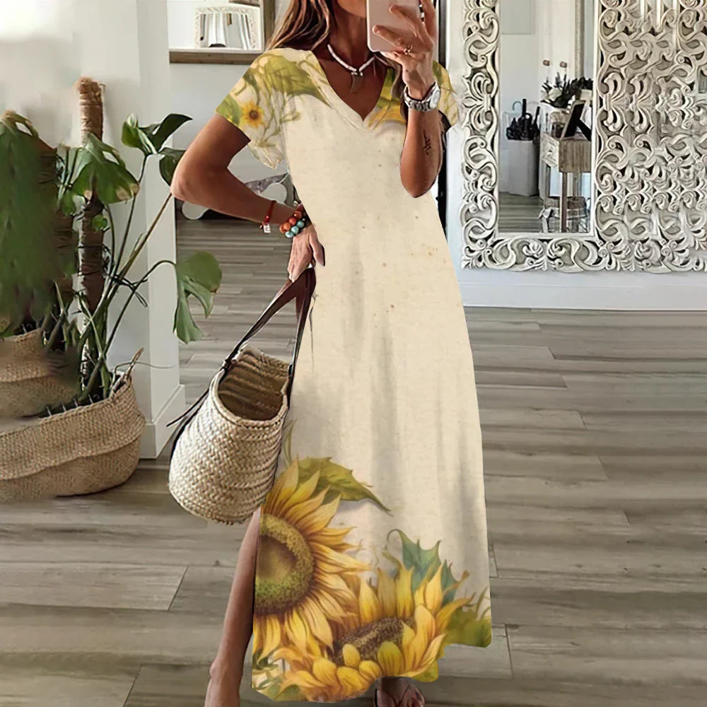 LB | Kwiatowe sukienki z nadrukiem słonecznika dla kobiet Plus Size Elegancka sukienka midi
