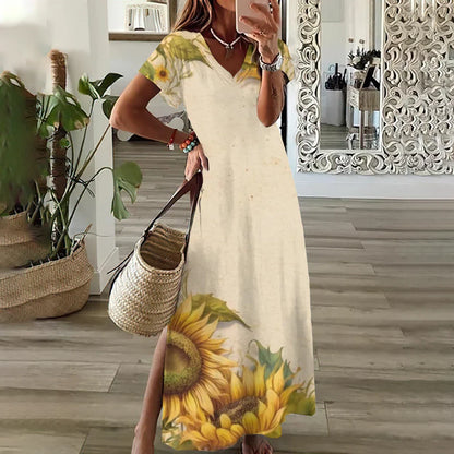 LB | Kwiatowe sukienki z nadrukiem słonecznika dla kobiet Plus Size Elegancka sukienka midi