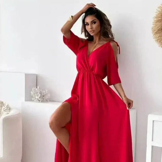 LB | Elegancka sukienka maxi z zimnymi ramionami