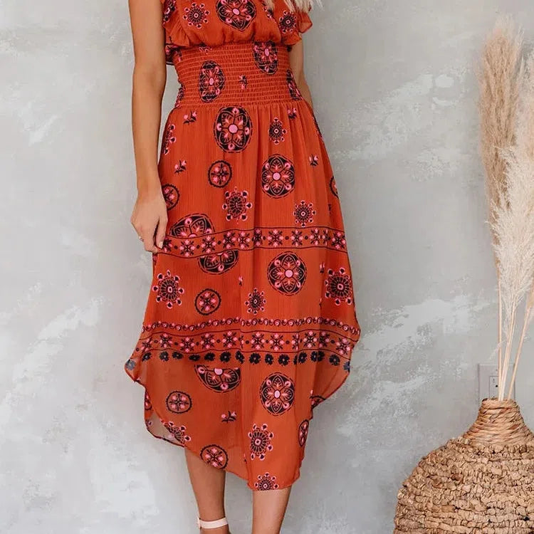 LB | Summer Women Vintage Pattern Smocked Ruffle Midi Dress