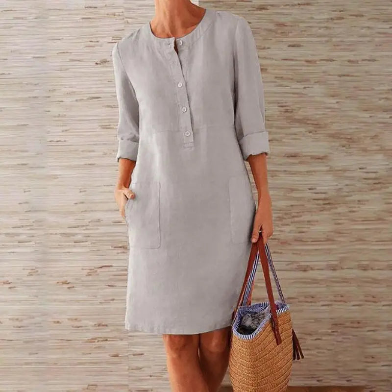 LB | Ladies Casual Button-Up Midi Dress - luźna tunika z rękawem 3/4 i kieszeniami