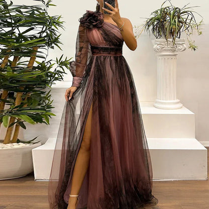 LB | Sienna - Modna sukienka maxi na jedno ramię z siateczkowym nadrukiem