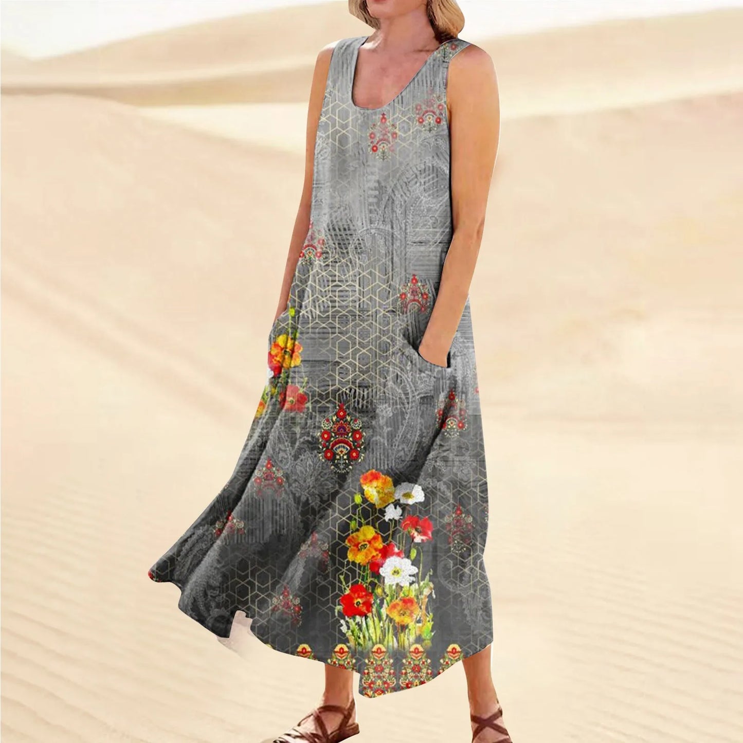 LB | Damskie letnie, casualowe sukienki retro na plażę z kieszeniami Plus Size Luźna bawełniana lniana koszulka Długa sukienka plażowa