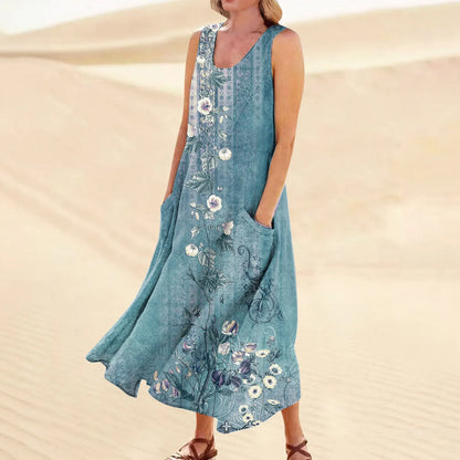 LB | Damskie letnie, casualowe sukienki retro na plażę z kieszeniami Plus Size Luźna bawełniana lniana koszulka Długa sukienka plażowa