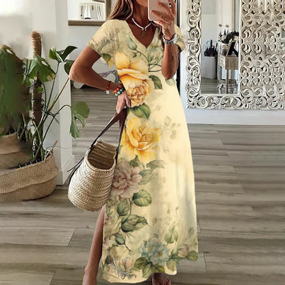 LB | Kwiatowe sukienki z nadrukiem słonecznika dla kobiet Plus Size Elegancka sukienka midi