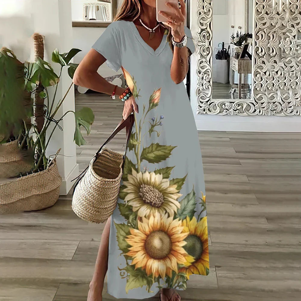 LB | Kwiatowe sukienki z nadrukiem słonecznika dla kobiet Plus Size Elegancka sukienka midi