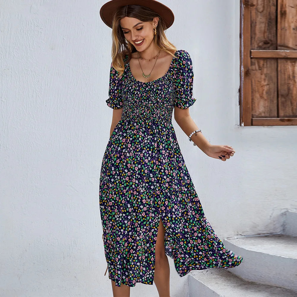 LB | Bohemia Print Dress Women New Summer Midi Dress Puff Sleeves