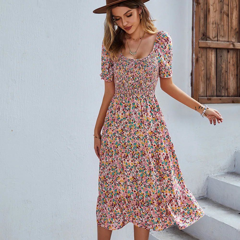 LB | Bohemia Print Dress Women New Summer Midi Dress Puff Sleeves